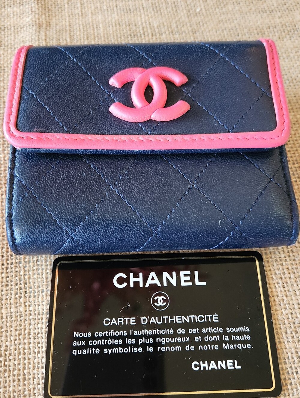 Chanel Compact Wallet W/card Navy & Pink 3.5" By 4" Open 8.5" Good Condition
